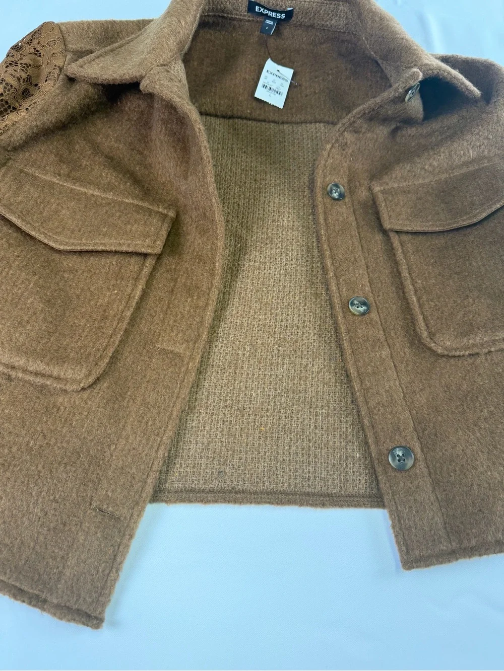 Express - Chic Brown Woven Lace-Sleeve Cropped Jacket NWT -Date  night ready L - Picture 11 of 16